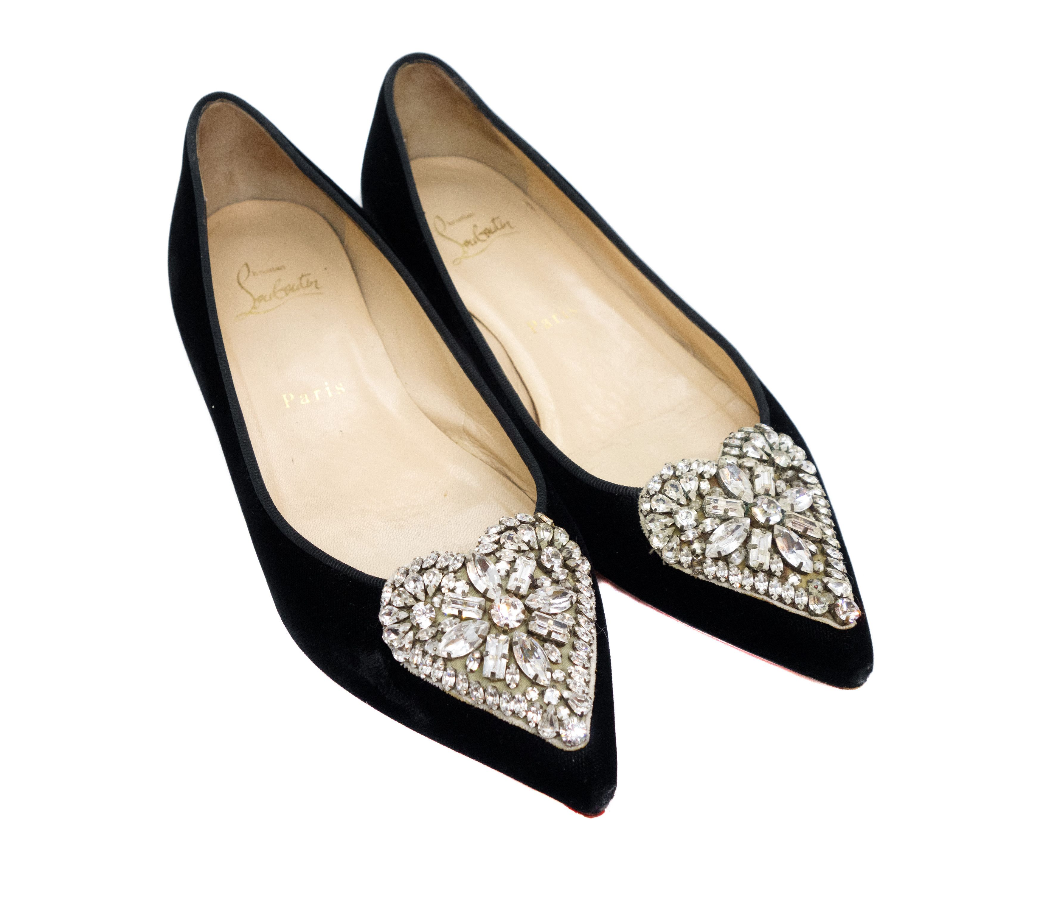 Christian Louboutin Сristacora Crystal Heart Embellishment Velvet Flats Size US 6 / IT 36 - 1 Thumbnail