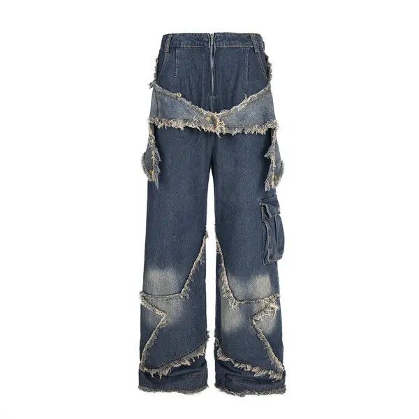 Japanese Brand VIBE Star patch men's raw edge distressed washed loose jeans Size US 32 / EU 48 - 1 Thumbnail