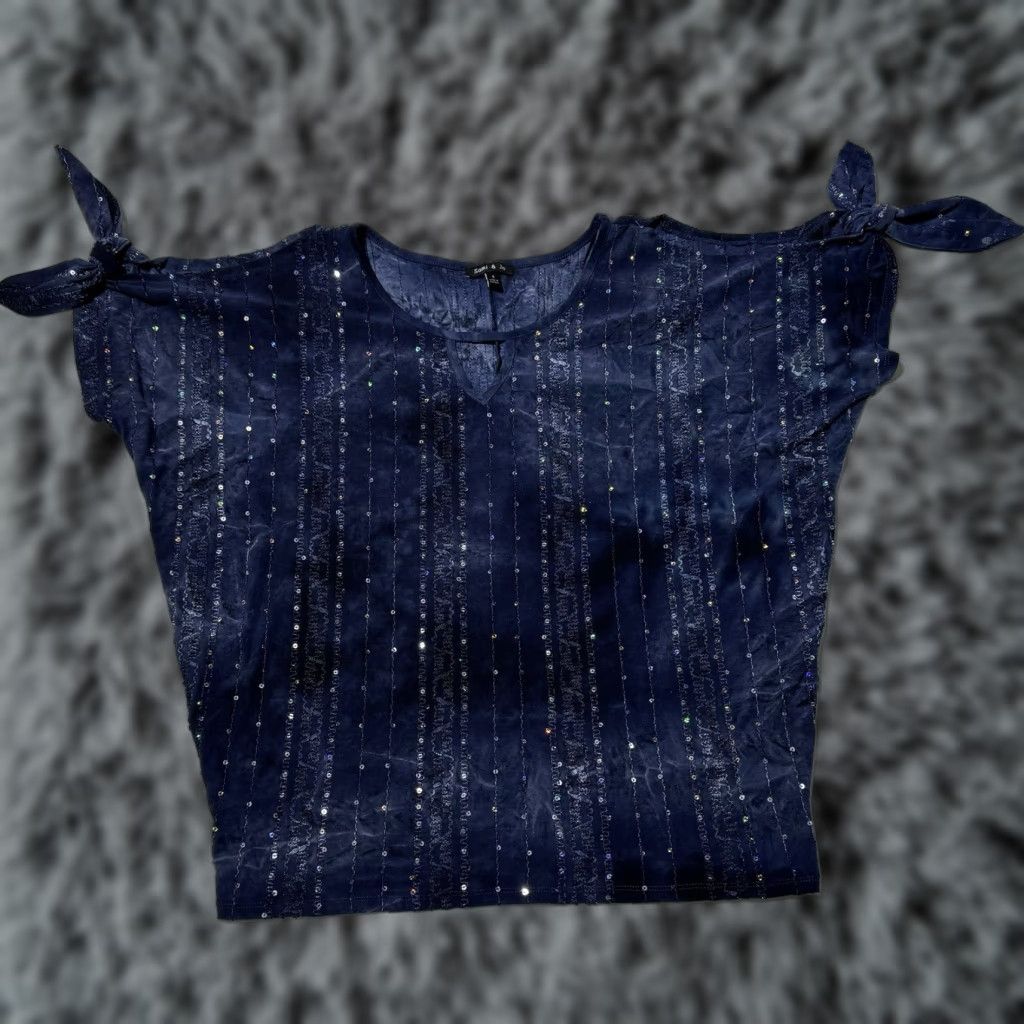 Vintage Sami & Jo Top Blouse Sz S Blue Sequin Fairy Grunge Whimsigoth 90s Bohemian Gothic Casual Party Workwear Short Sleeve Cold Shoulder Women's Size S / US 4 / IT 40 - 1 Thumbnail