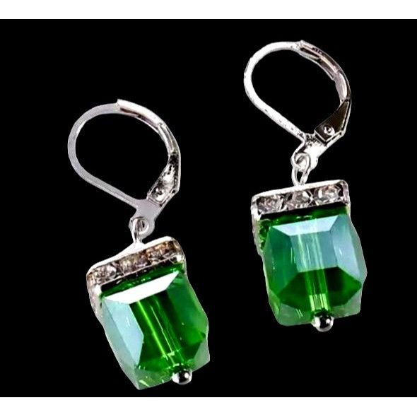 Designer × Handmade Light Emerald Earrings New Square Cube Rhinestones Wedding B Size ONE SIZE - 6 Thumbnail