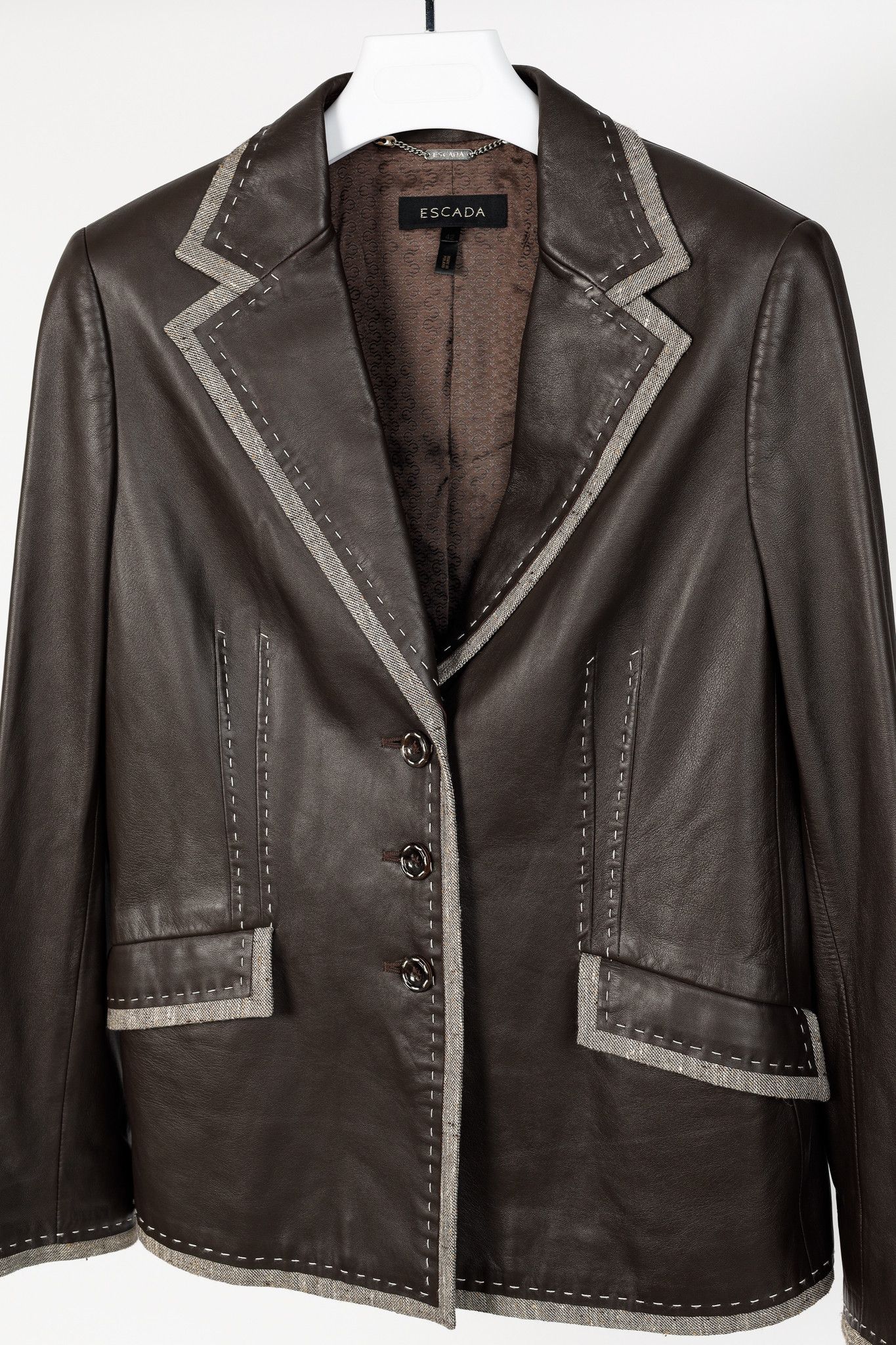 Escada Escada Brown Leather Topstitched & Trimmed Blazer Size L / US 10 / IT 46 - 3 Thumbnail