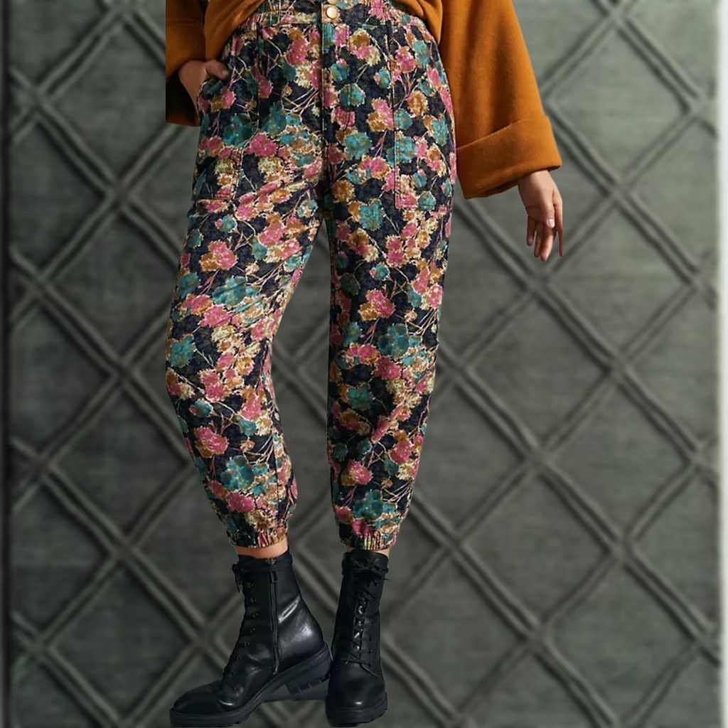 Anthropologie Anthropologie Jogger Pants Floral Corduroy Cotton S Multicolor Women EUC Size 28" / US 6 / IT 42 - 1 Thumbnail