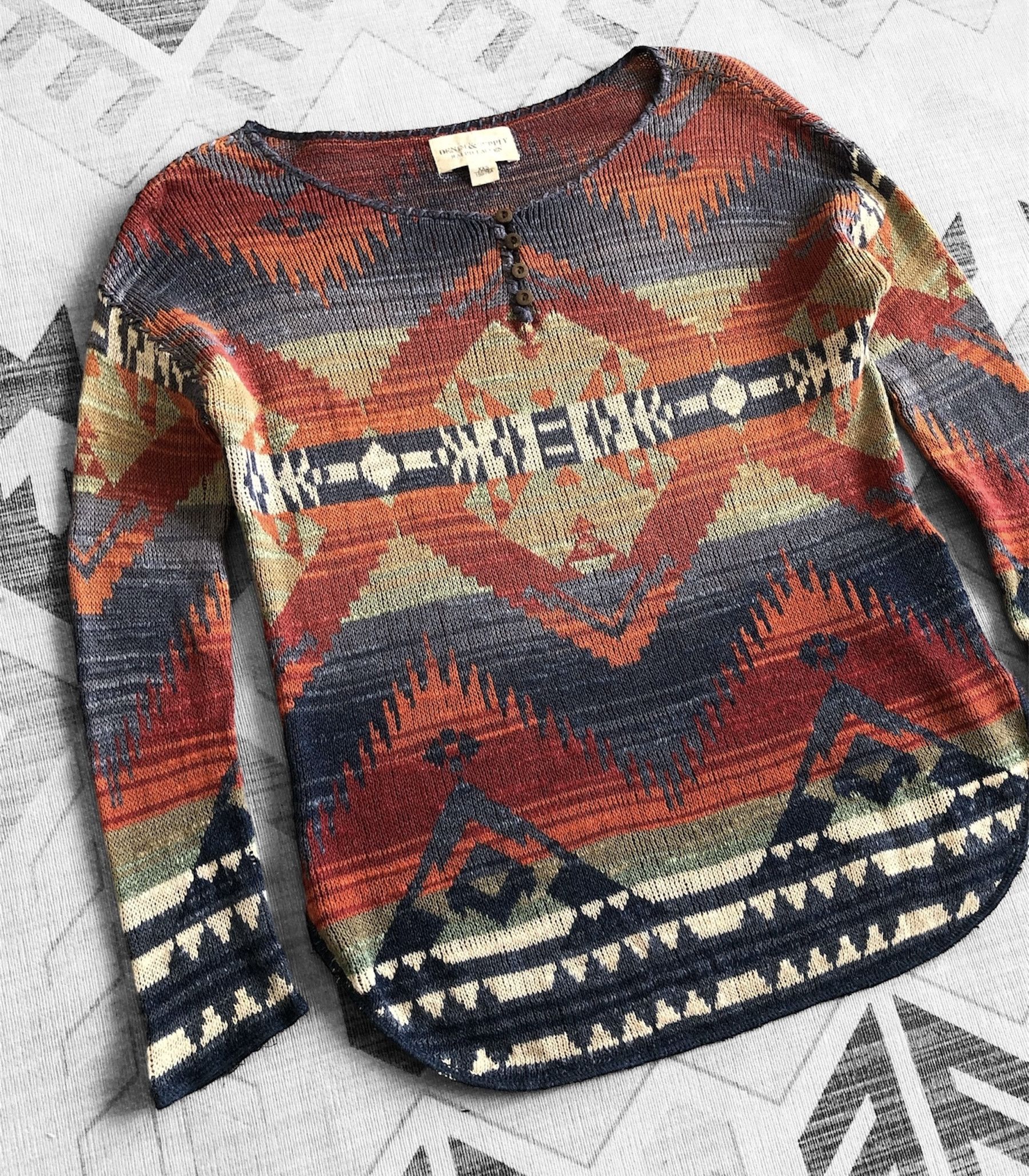 Denim & Supply Ralph Lauren SOUTHWESTERN GEOMETRIC HENLEY KNIT SWEATER Size XXS / US 00 / IT 34 - 3 Thumbnail