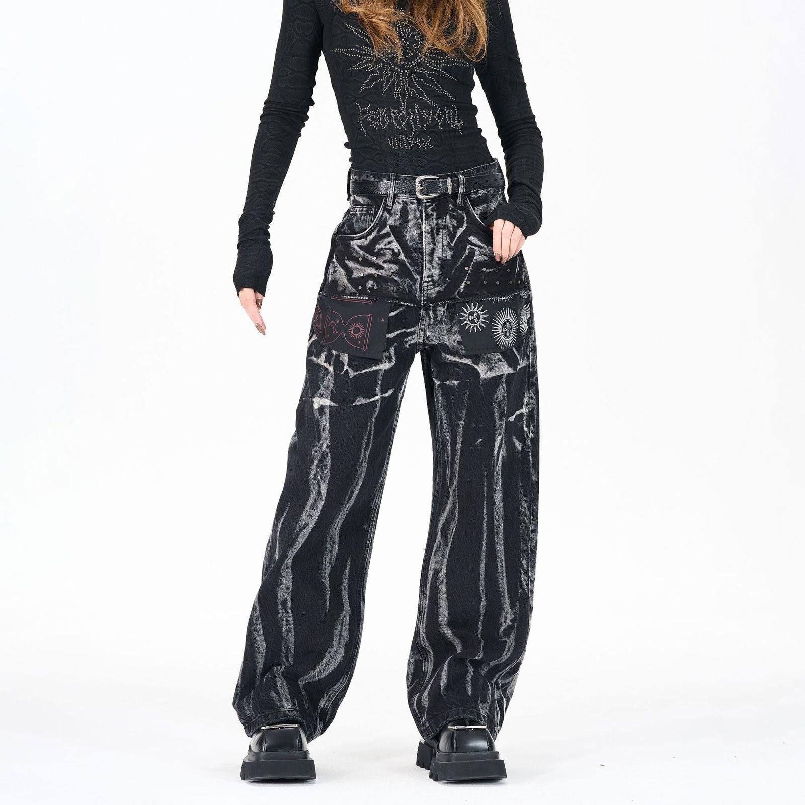 Vintage Black Tie-Dye Wide Leg Casual Pants, Patch Pocket Jeans Size 28" / US 6 / IT 42 - 1 Thumbnail