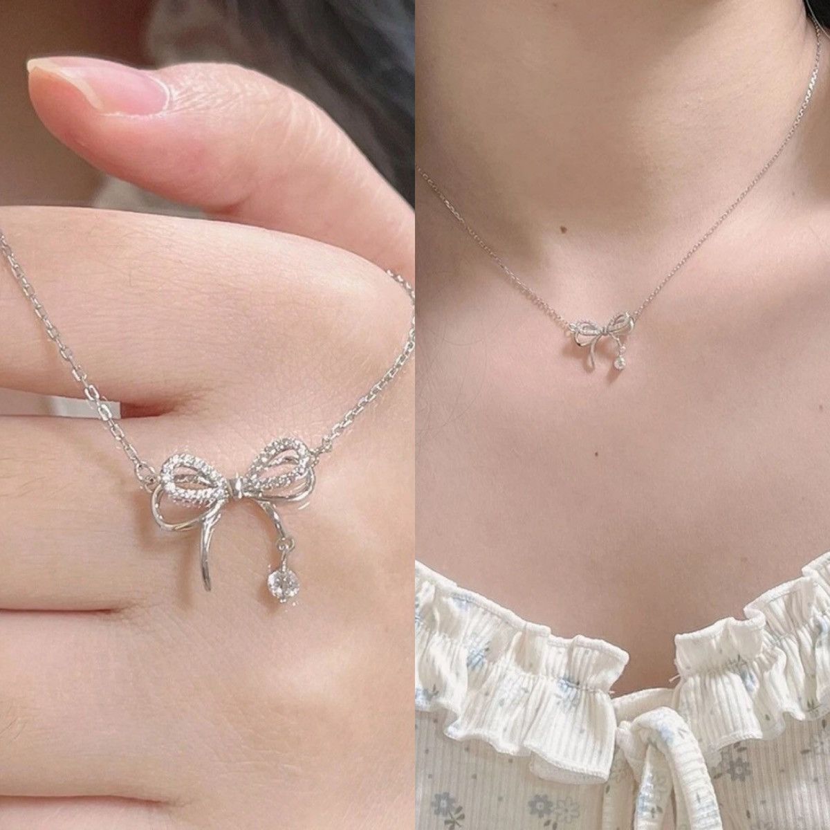 Vintage Rhinestone Decor Bow Pendant Necklace Size ONE SIZE - 3 Thumbnail