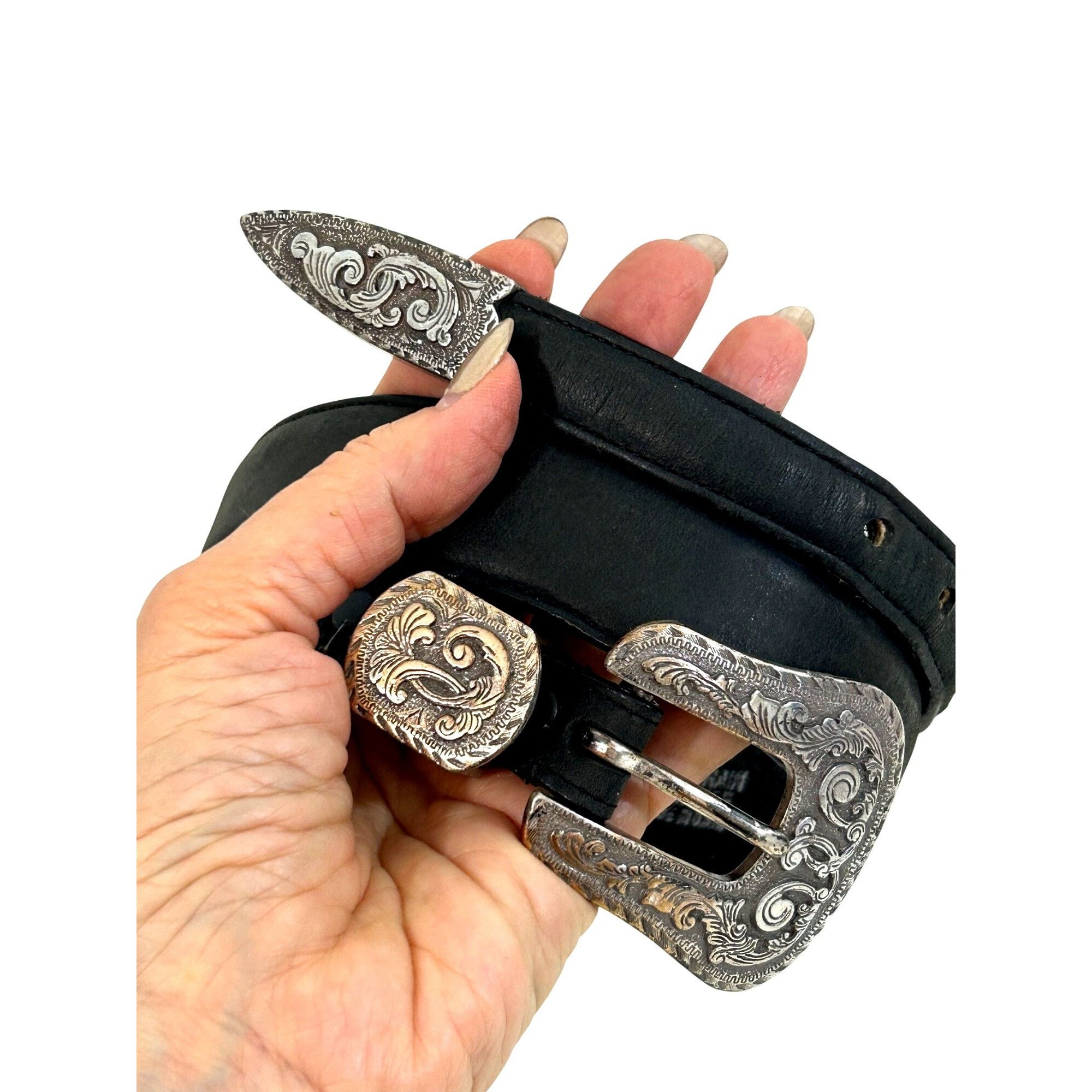 Justin Justin Belt Black 30 Vtg Leather USA Silver-plated 1993 Eng Size ONE SIZE - 1 Thumbnail