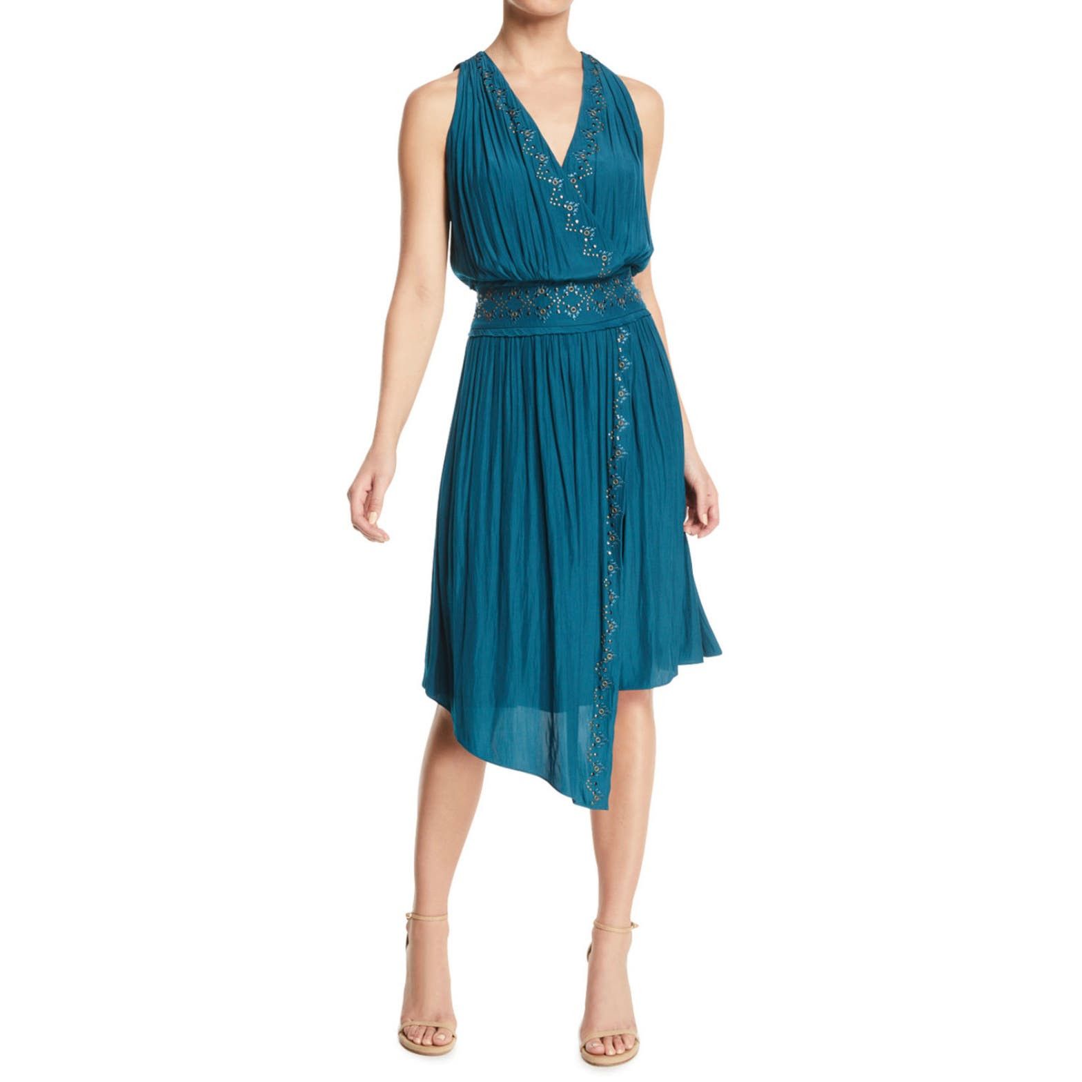 Image of Ramy Brook Green Embellished Draped Cocktail Dress Size Xs, Women's