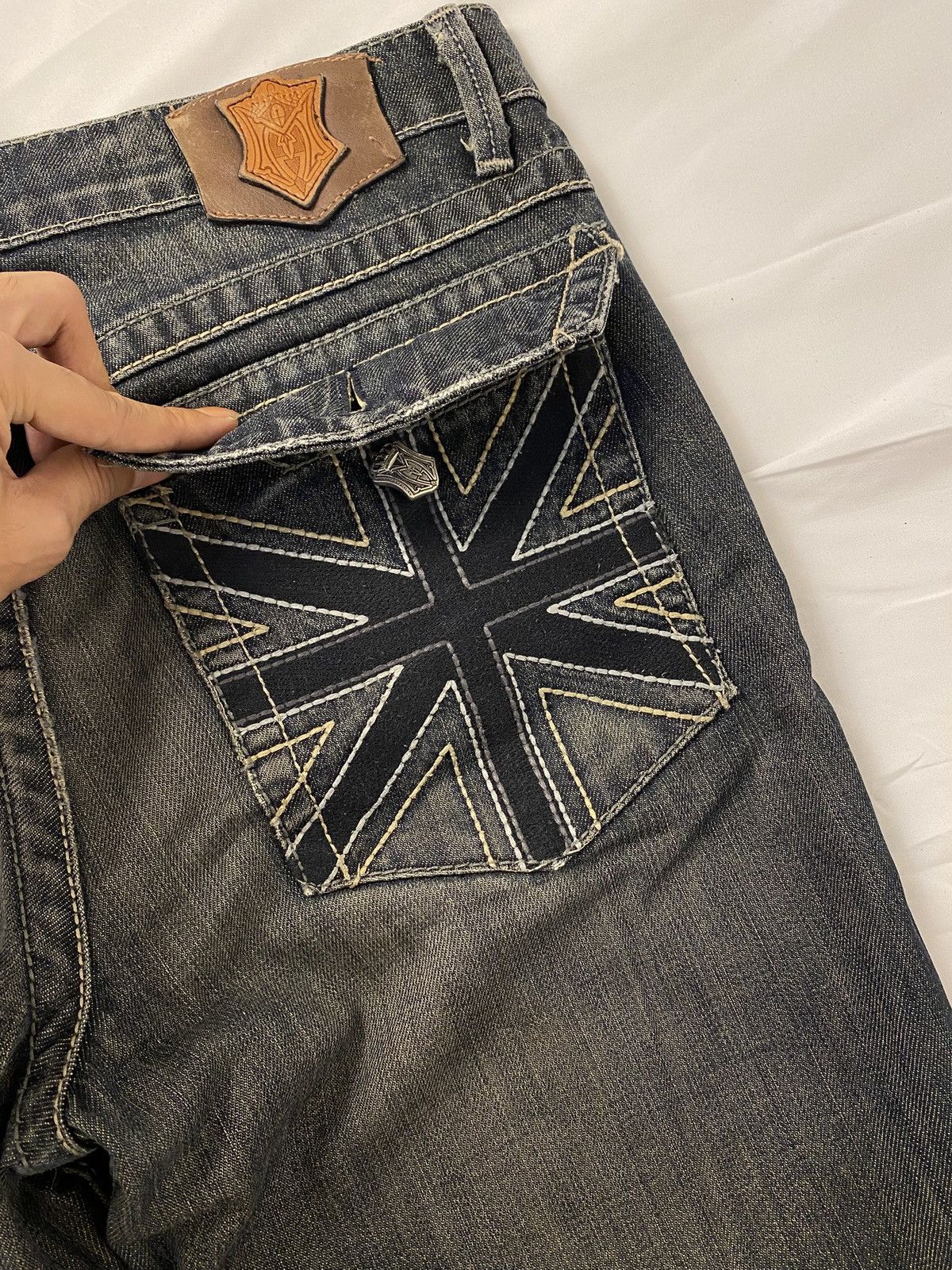 Japanese Brand ✨ Archive Monarchy Britain 🇬🇧 Flag Flared Washed Jeans Denim Size US 34 / EU 50 - 8 Thumbnail