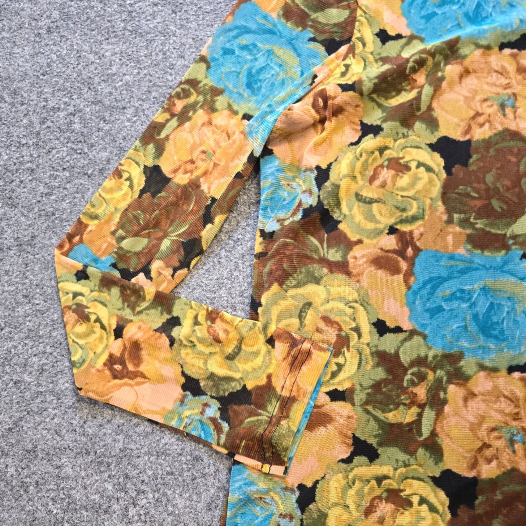 Vintage Jane Delancey Top Womens Size XL Yellow Blue Floral Sheer Stretch Button Casual Blouse Size XL / US 12-14 / IT 48-50 - 3 Thumbnail