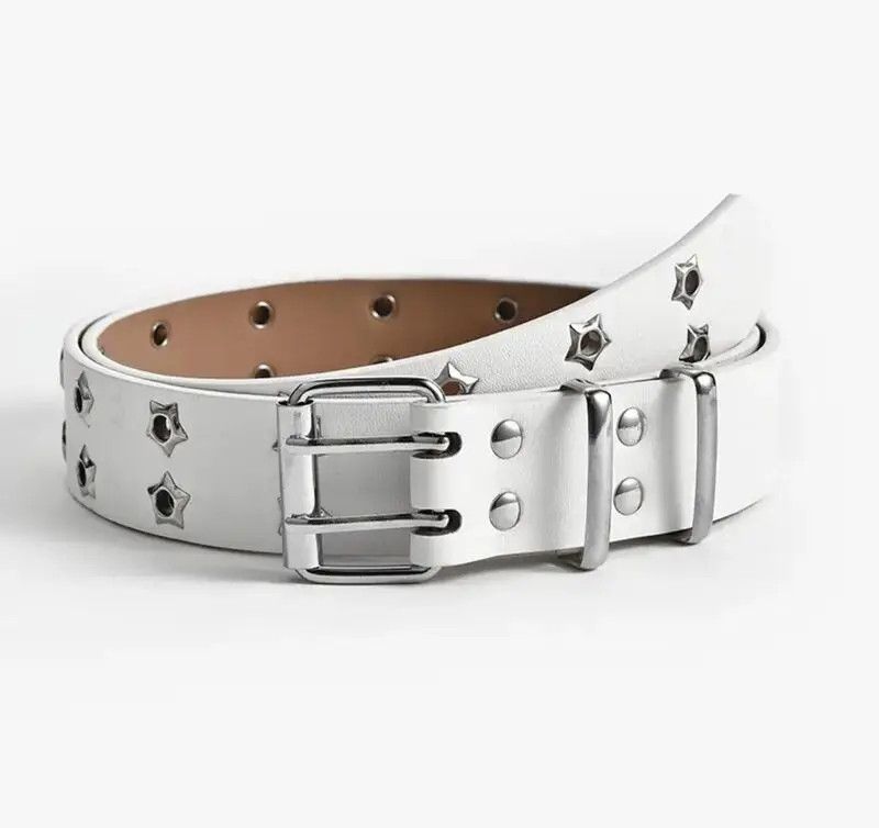 image of White Color Star Eye Rivet Pu Leather Belt, Men's