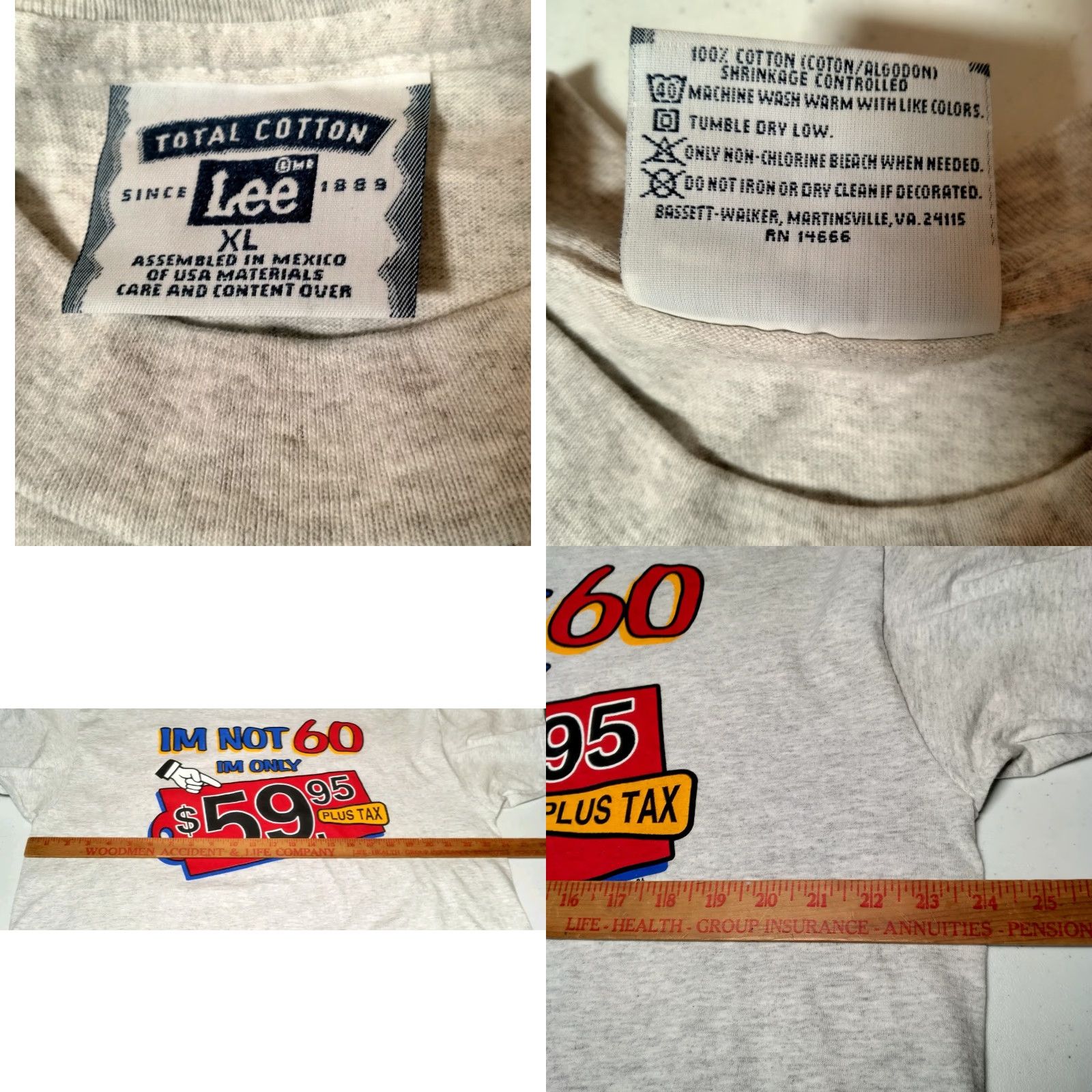 Lee VINTAGE Lee T-Shirt Men XL Gray 1990s 60th Birthday Gift Funny "I'm Not 60, I'm 59.95 Plus Tax" Graphic Short Sleeve Crew Neck Size US XL / EU 56 / 4 - 8 Thumbnail