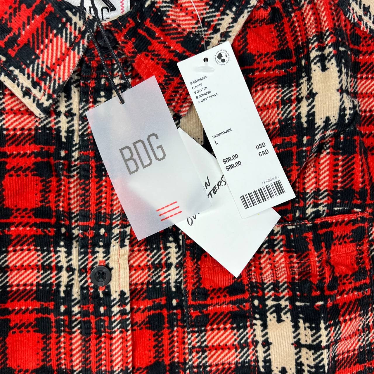 Bdg BDG Shirt Mens Red Large Plaid Corduroy Button Down Size US L / EU 52-54 / 3 - 5 Thumbnail