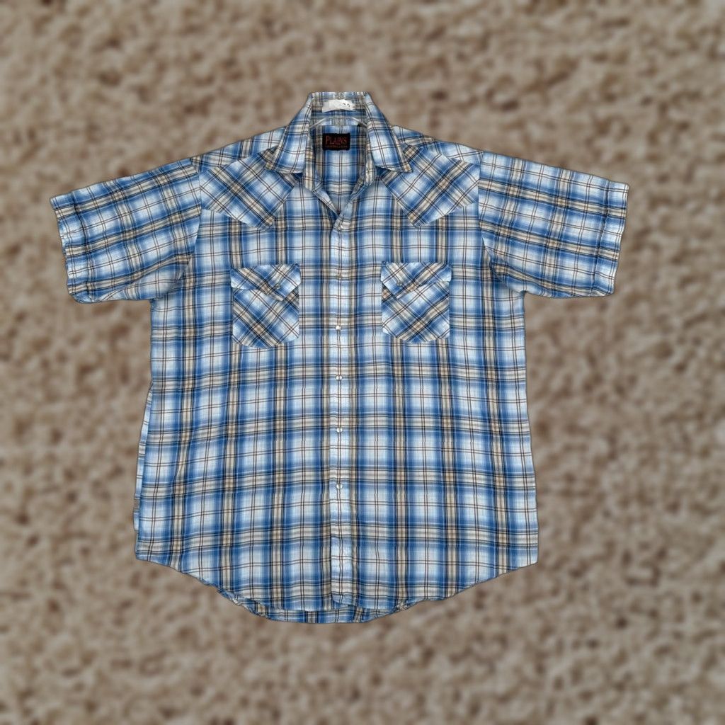 Vintage plains Shirt Men Large Blue Plaid Western Pearl Snap Rodeo Poly Blen Size US L / EU 52-54 / 3 - 1 Thumbnail