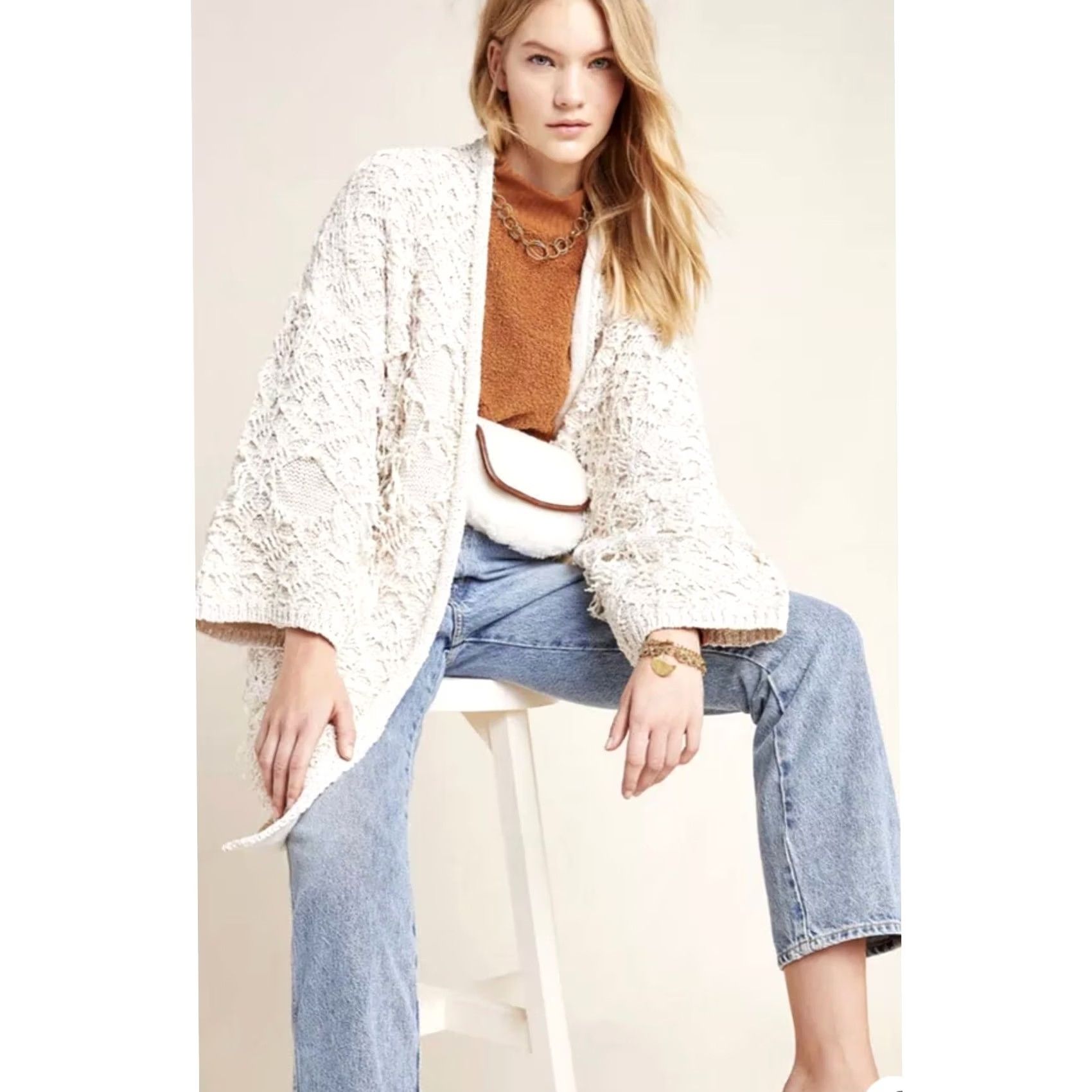 Anthropologie Anthropologie Akemi Kin IONE Cardigan Kimono Fringe Cream Ivory One Size Bohemian Open Pockets Sweater Womens Size ONE SIZE - 3 Thumbnail