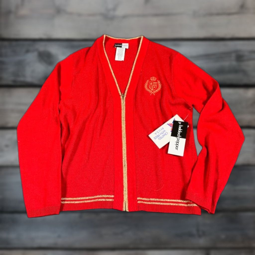 Vintage VINTAGE 80s Crest Embroidered Cardigan Sweater Women's Medium Red Gold Casual Size M / US 6-8 / IT 42-44 - 1 Thumbnail