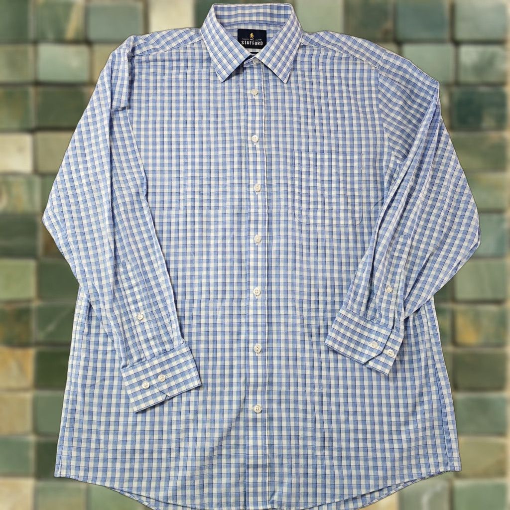 Stafford Stafford Dress Shirt Men’s Size 16 Regular Blue Check Broadcloth Long Sleeve Button Collared Non-Iron Wrinkle Resistant Size 42R - 1 Thumbnail
