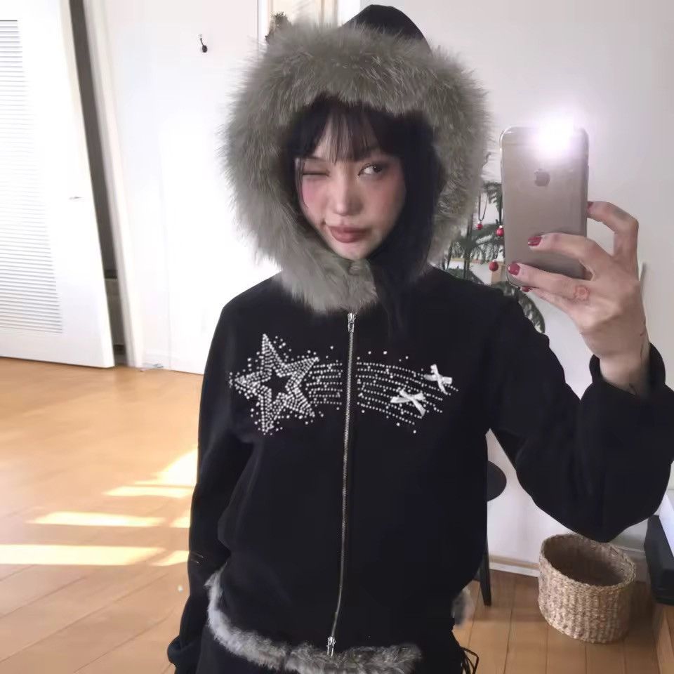 Other Y2k Rhinestone Fur Hooded Jacket Zipper Hoodie Retro Size S / US 4 / IT 40 - 1 Thumbnail