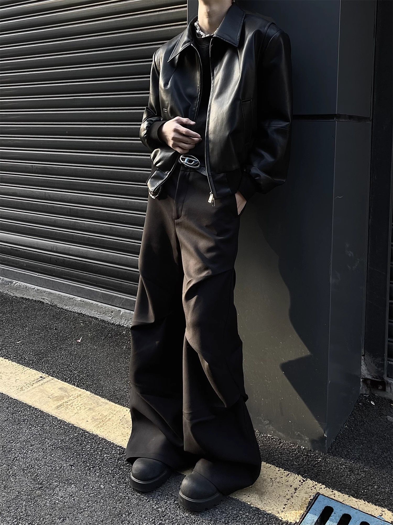 image of Vintage Shark Line Wide Leg Casual Pants in Black, Men's (Size 32)