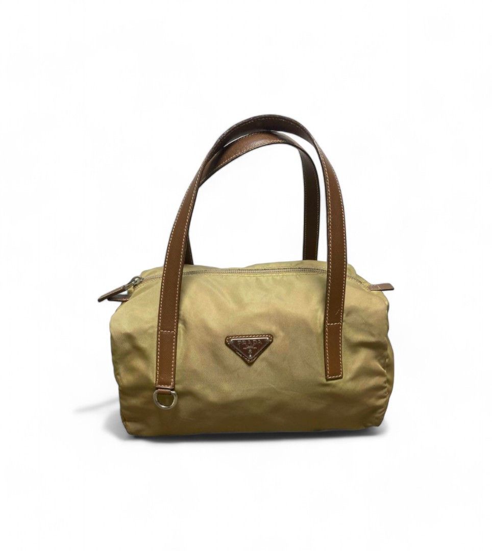 Prada - Triangle Nylon Handbag Beige Brown Mini Boston