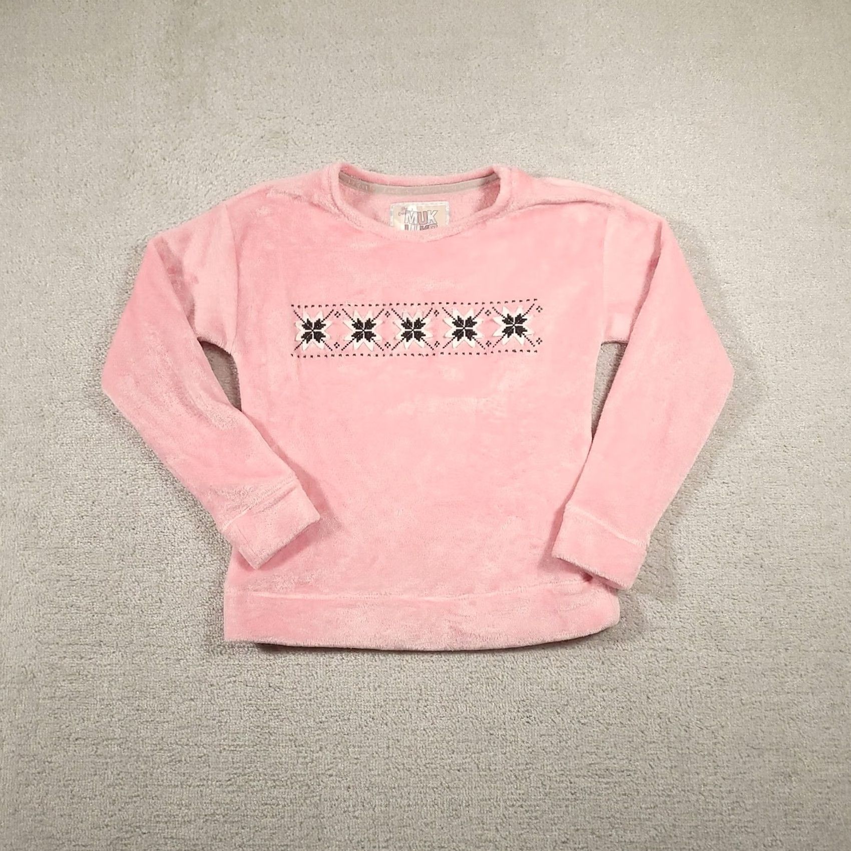Vintage MUK LUKS Sweater Womens Small Pink Fuzzy Fleece PullOver Fair Isle Snowflake Shirt Size S / US 4 / IT 40 - 2 Thumbnail
