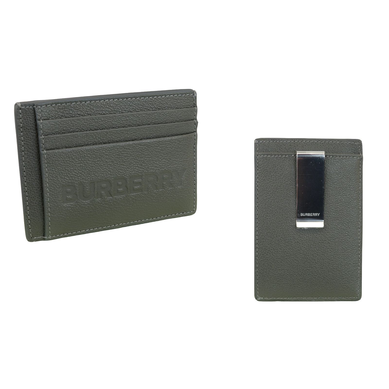 image of Burberry Chase Gray Grained Leather Logo Card Holder Case Wallet in Grey, Men's