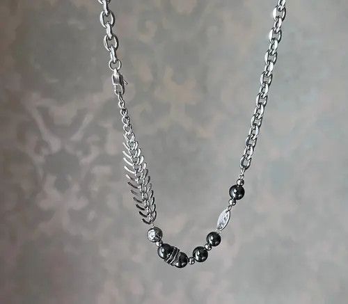 Jewelry Silver Chain Men's Necklace with Beaded and Leaf Design Size ONE SIZE - 5 Thumbnail