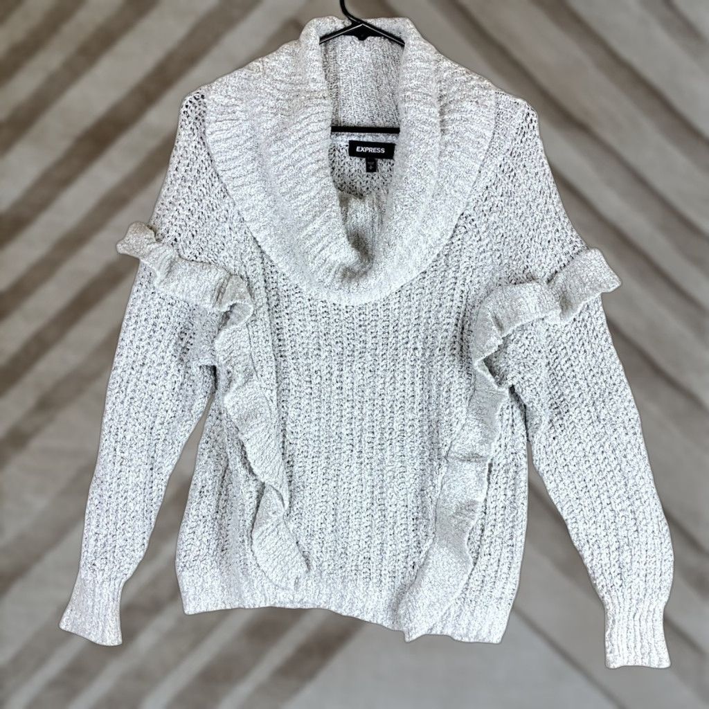 Express Express Sweater Womens White Cowl Neck Long Sleeve Small Ruffle Front Size S / US 4 / IT 40 - 1 Thumbnail