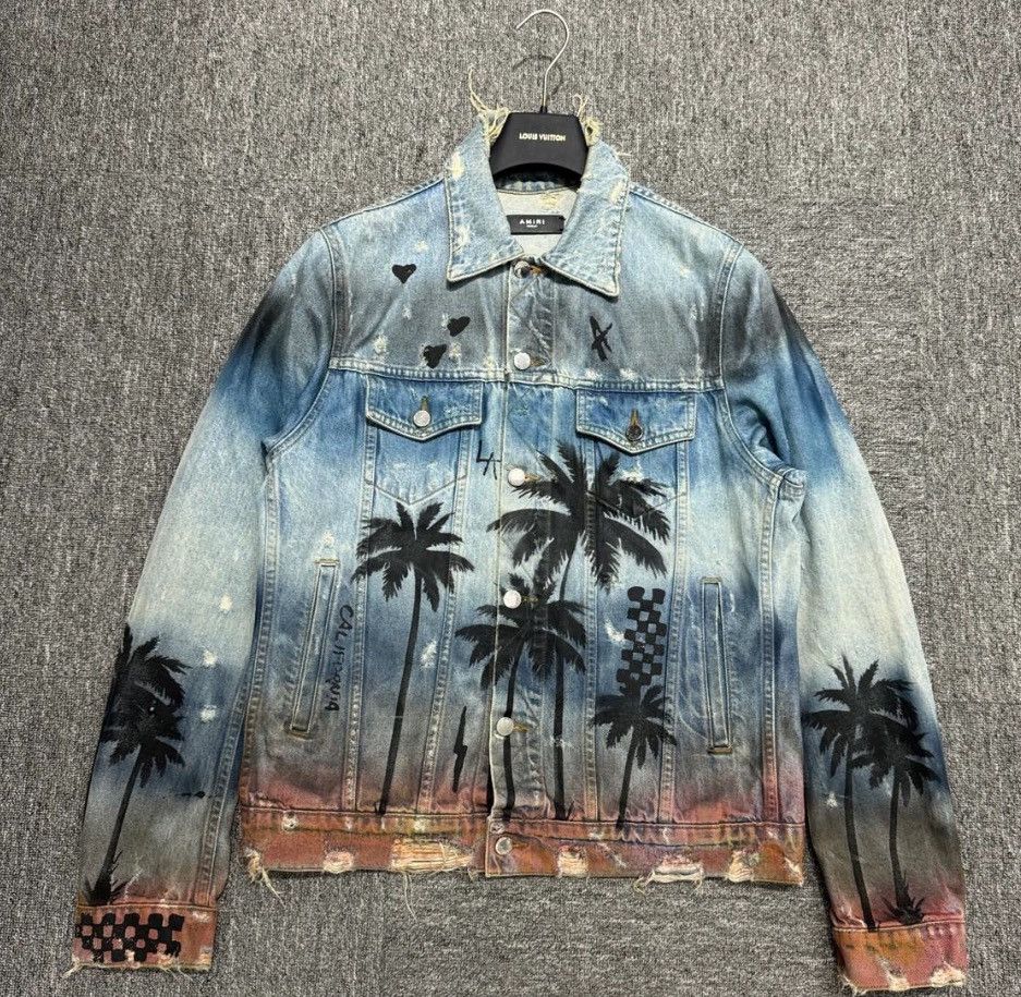 image of Amiri Palm Tree Denim Jacket in Blue, Men's (Size Medium)