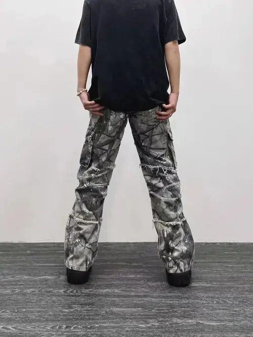 Japanese Brand Retro camouflage irregular raw edge work jeans Size US 32 / EU 48 - 5 Thumbnail