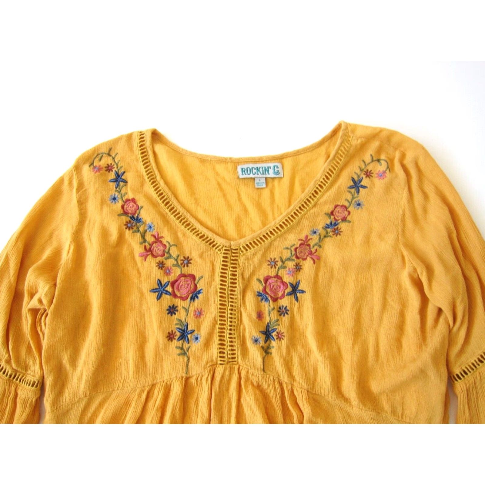 Vintage Rockin C Rayon Yellow Pink Embroidered Floral VNeck Long Sleeve Peasant Blouse L Size L / US 10 / IT 46 - 3 Thumbnail