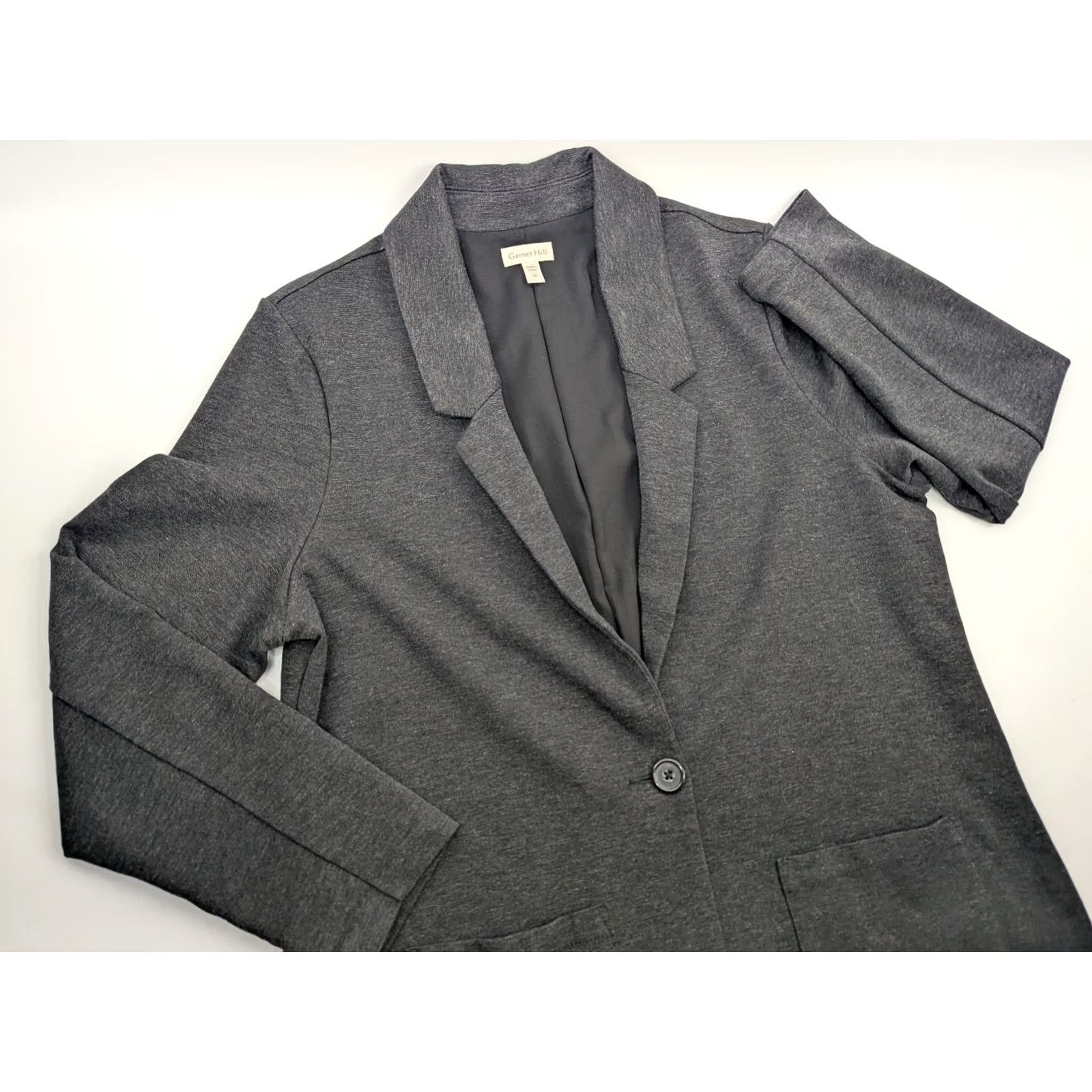 Vintage Garnet Hill Blazer Knit Gray 12 Relaxed Pockets Button Jacket Women's Easy Care/Lined Mid-Length Size XL / US 12-14 / IT 48-50 - 2 Thumbnail