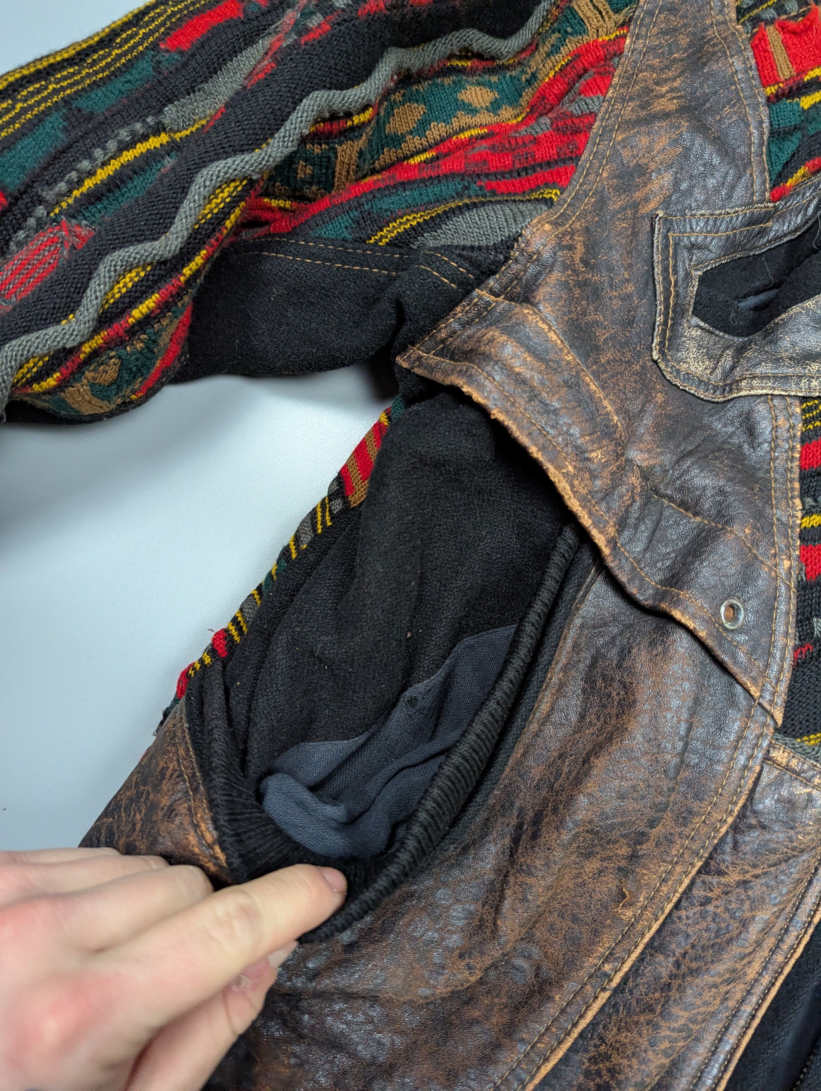 Vintage Roger Springfield Vintage 80s Leather×Knit Patchwork Bombe Size US L / EU 52-54 / 3 - 14 Thumbnail
