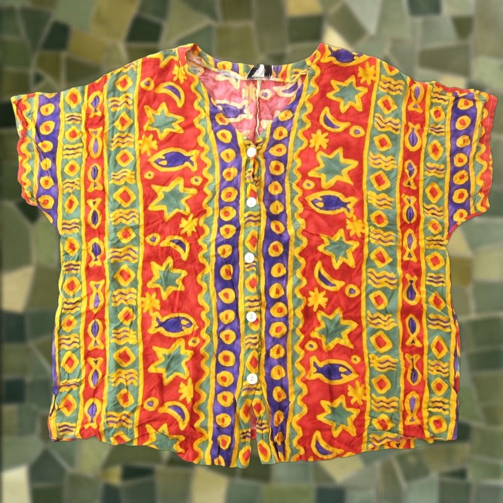 Vintage Vivoli Rayon Blouse 2X Button Down Short Sleeve V-Neck Floral Fish Tunic Blouse Womens Vintage USA 56" bust 2X Orange Yellow Purple Green Size XXL / US 16-18 / IT 52-54 - 1 Thumbnail