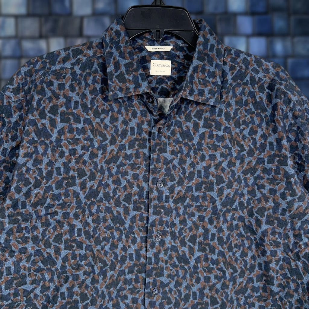 Vintage Culturata Shirt Mens XL Blue Brown Geometric Print Tailored Fit Made Italy Dress Shirt Mens XL Blue Brown Geometric Print Italy Dress Shirt Size 46R - 1 Thumbnail