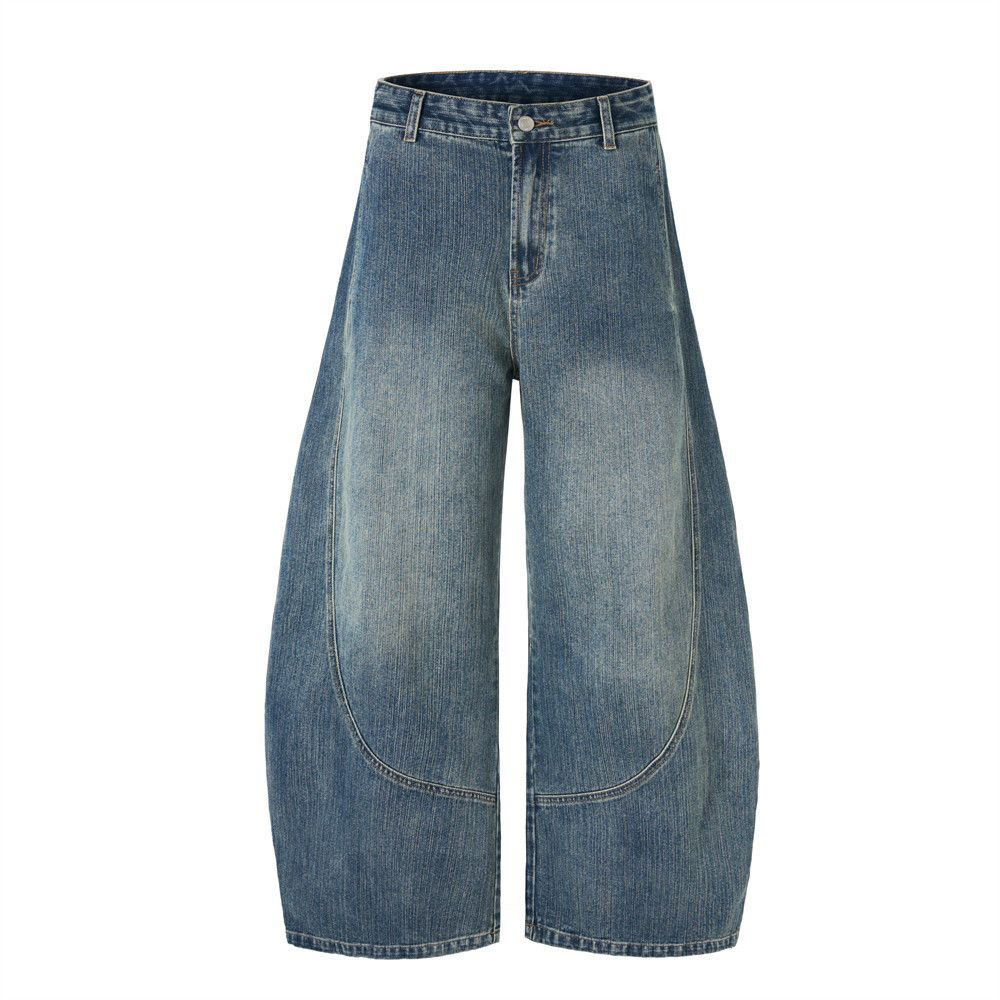 High street men's washed distressed loose scimitar jeans