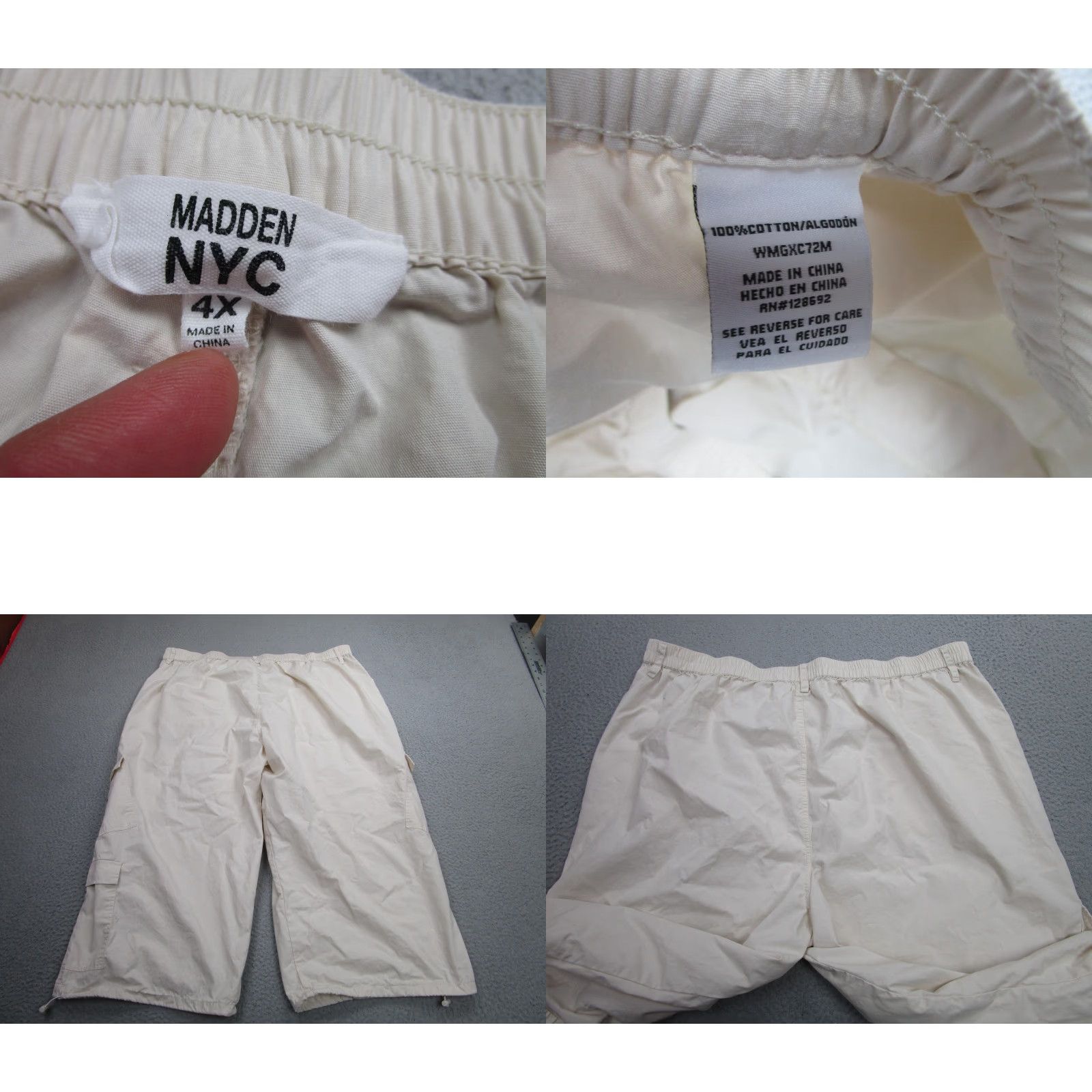 Vintage MADDEN NYC Plus Cargo Pants Womens 4X Ivory Capri 3/4 Elastic Waist Drawcord Size 40" / US 18 - 8 Thumbnail