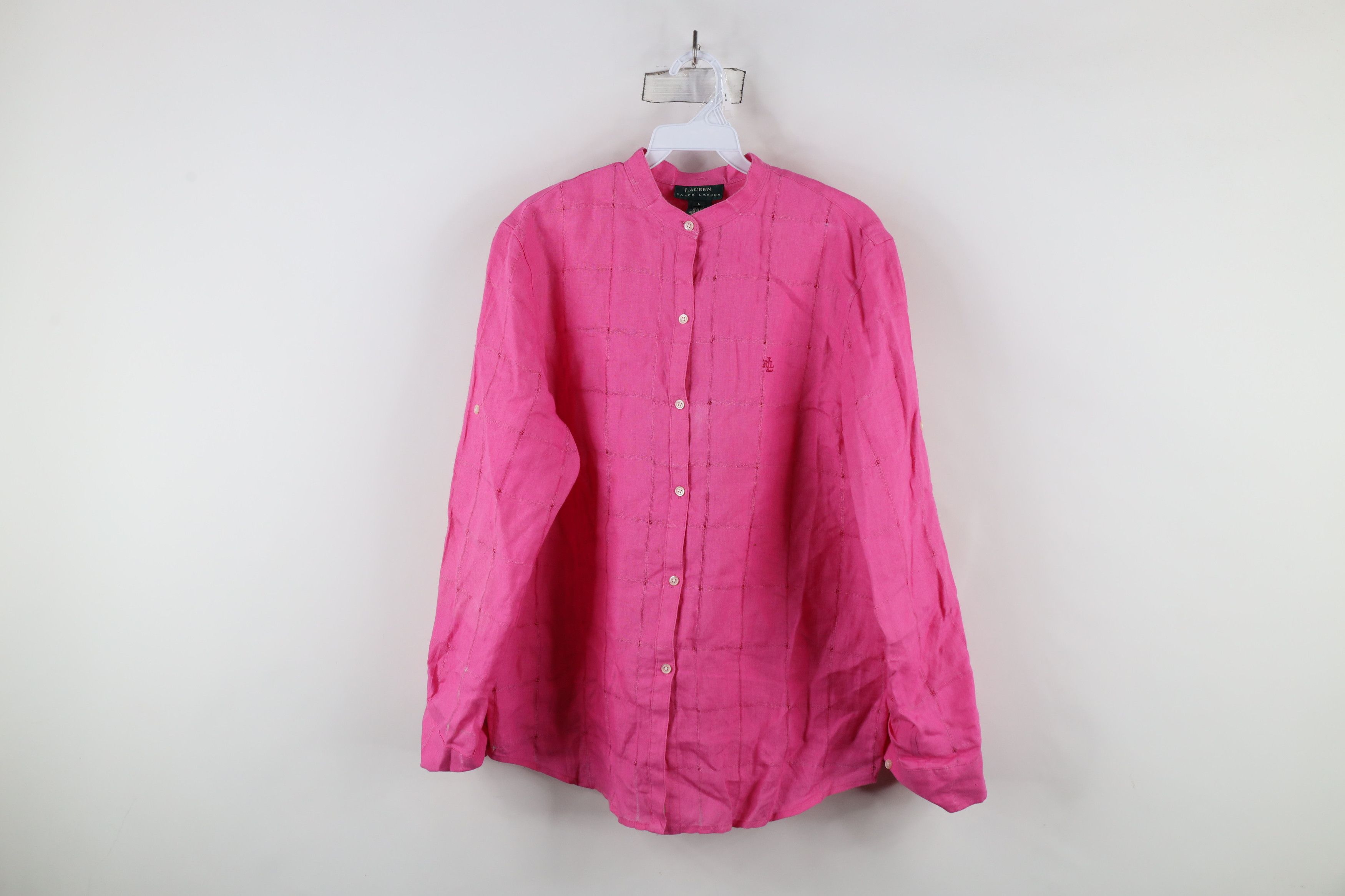 Ralph Lauren × Vintage Vintage 90s Ralph Lauren Linen Band Collar Button Shirt Pink Size L / US 10 / IT 46 - 1 Thumbnail