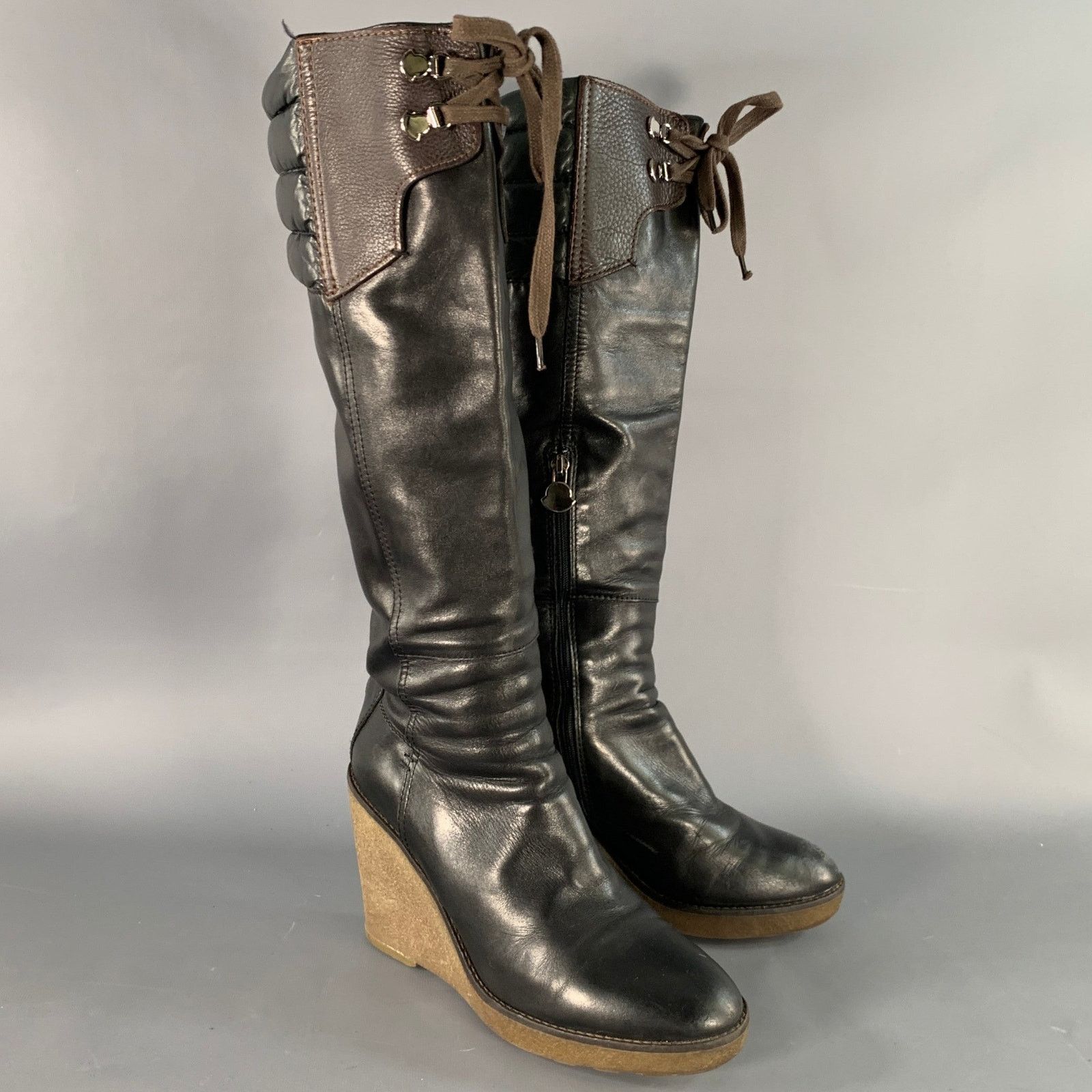 Moncler MONCLER Black Brown Leather Knee High Crepe Sole Wedge Boots Size US 10 / IT 40 - 1 Thumbnail