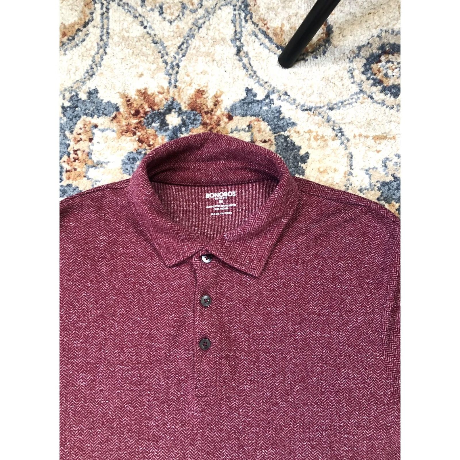 Bonobos Bonobos Polo Shirt Mens M Burgundy Long Sleeve Slim Fit Herringbone Knit Polo Shirt Slim Fit Mens Burgundy Red Knit Collar 3-Button Casual Business Size US M / EU 48-50 / 2 - 2 Thumbnail