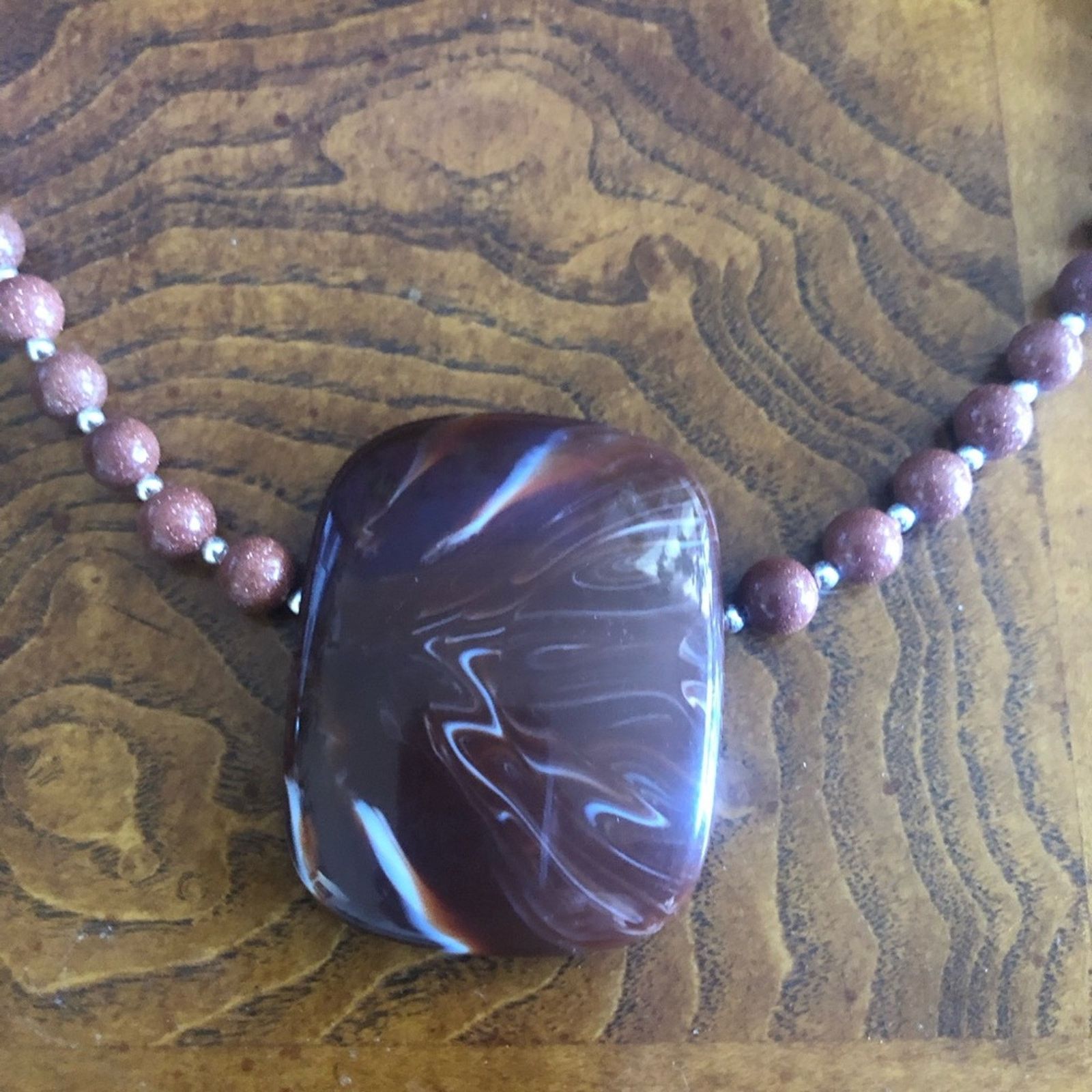 Handmade Handcrafted large marble medallion goldstone bead necklac Size ONE SIZE - 10 Thumbnail