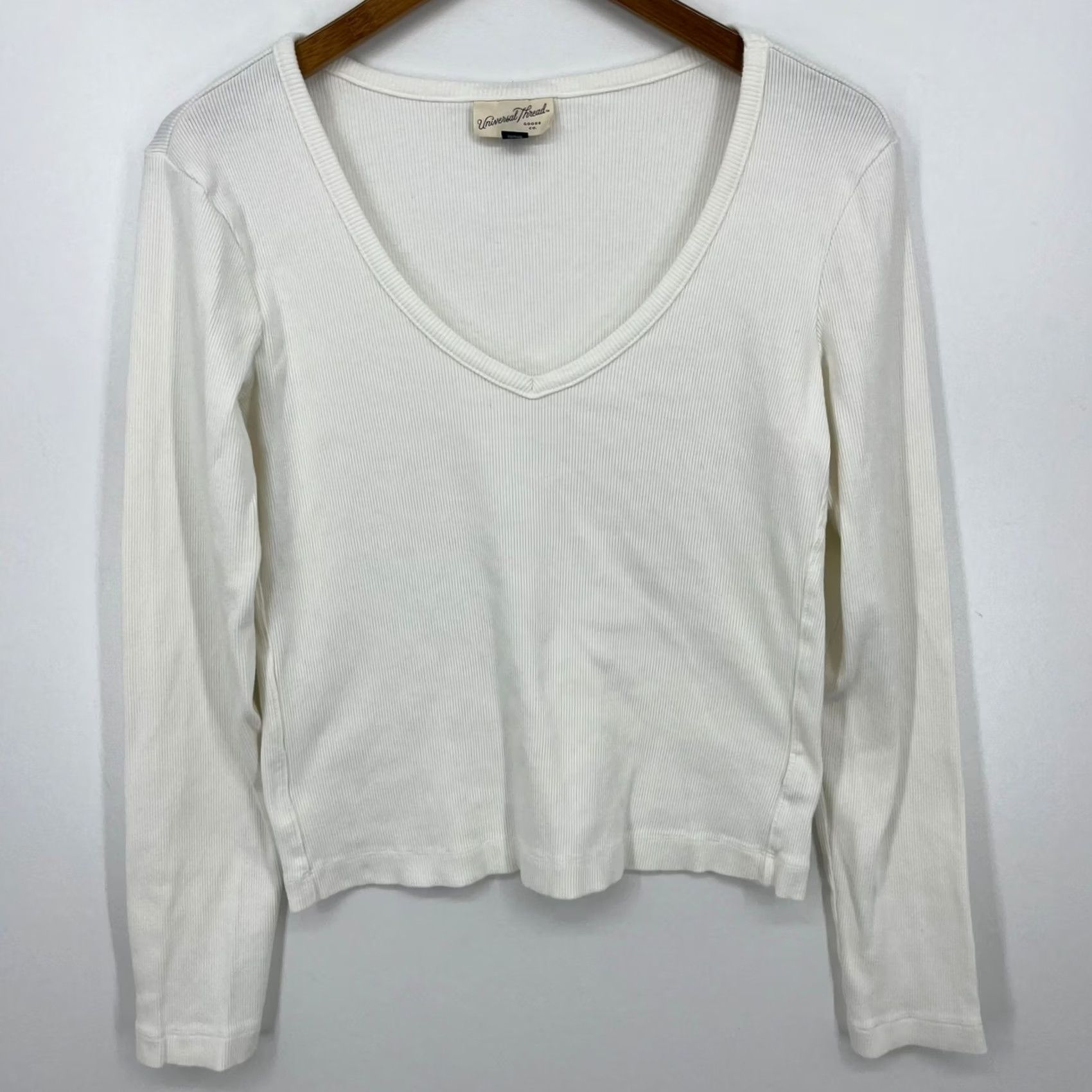 Vintage Universal Thread White V-Neck T-Shirt Long Sleeve Women's L Ribbed Knit Casual Basic Shirt Size L / US 10 / IT 46 - 2 Thumbnail
