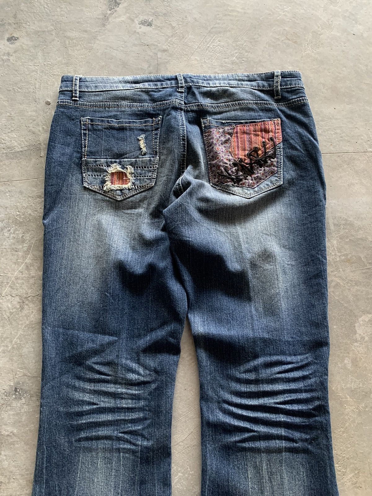flare japanese patchwork jeans floral lace backpocket