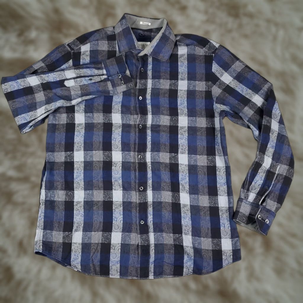 BUGATCHI Bugatchi Uomo Shirt XL Men Blue Plaid Button-Up Long Sleeve Size US XL / EU 56 / 4 - 1 Thumbnail