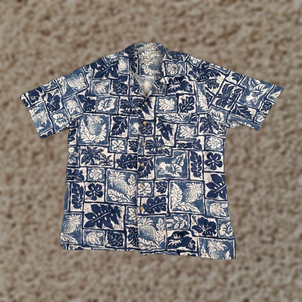 Vintage Batik Bay Shirt Men Large Blue White Floral Leaf Pineapple 100% Silk Hawaiian Size US L / EU 52-54 / 3 - 1 Thumbnail