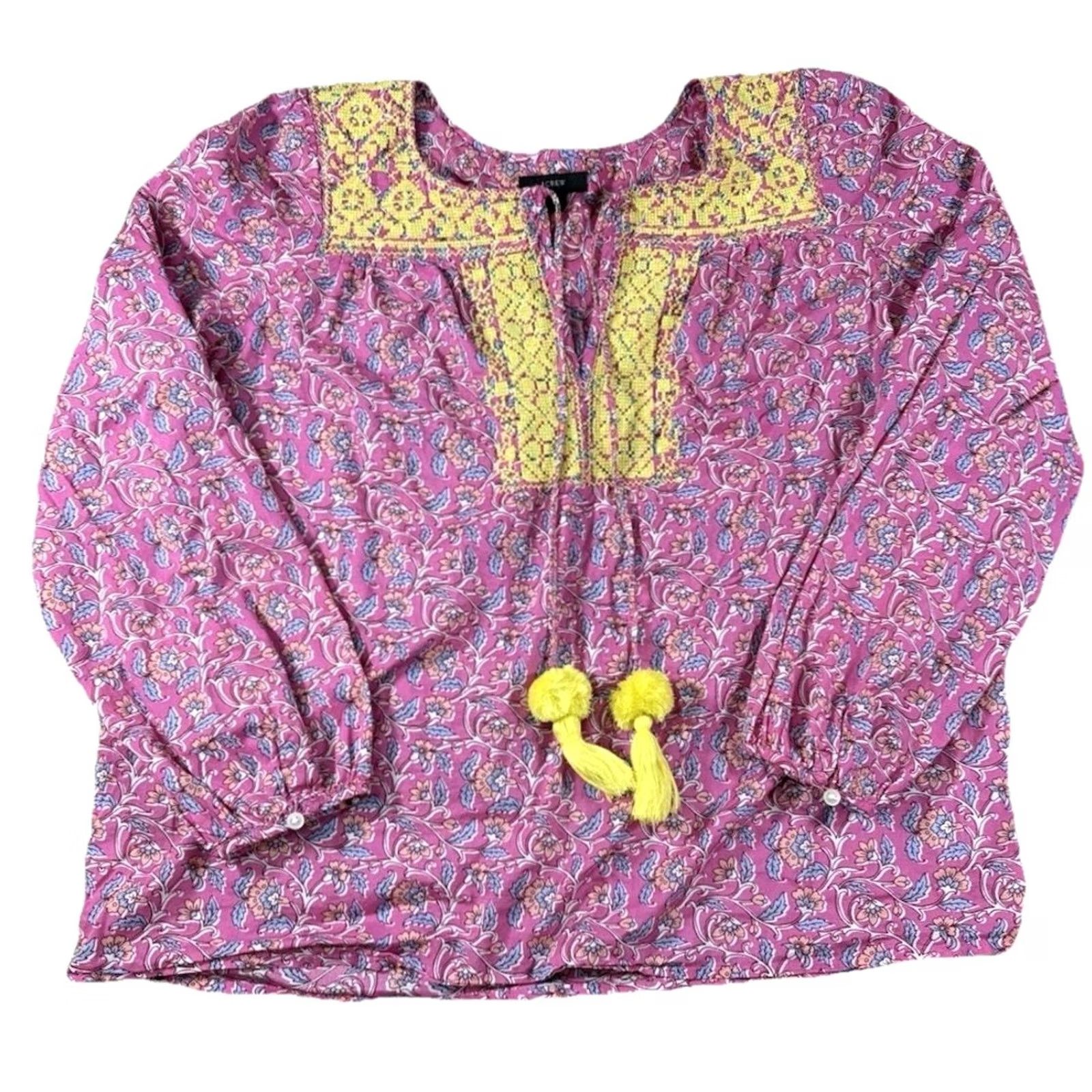 J.Crew J.CREW Blouse Pink Embroidered Floral Cotton Long Sleeve Boho V-Neck Womens M Size M / US 6-8 / IT 42-44 - 2 Thumbnail