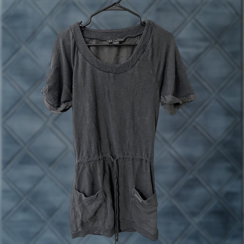Armani Exchange VINTAGE A/X ARMANI EXCHANGE Cotton Dress Shirt Mini Cap Sleeve Tie Back Embellished Gray S Small Womens Size 28" / US 6 / IT 42 - 1 Thumbnail