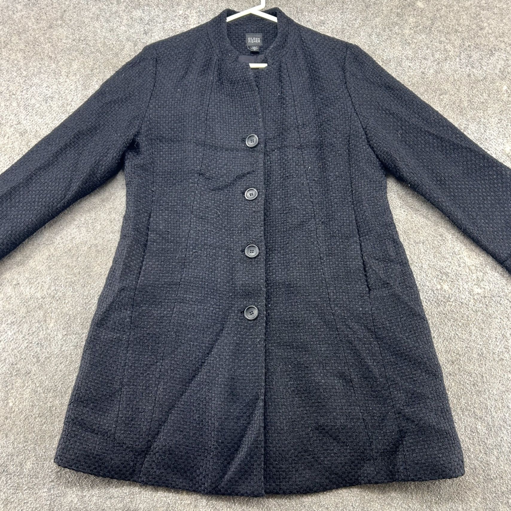 Eileen Fisher Eileen Fisher Coat Womens Small Black Long Textured Cotton Wool Blend Overcoat Size S / US 4 / IT 40 - 4 Thumbnail