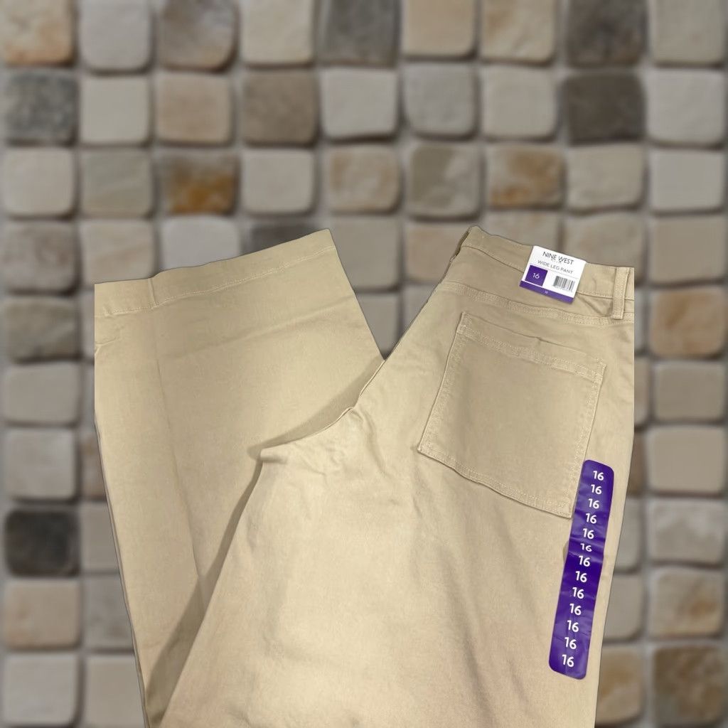 Nine West Nine West Wide Leg Pants Women Sz 16 38X34 Beige Khaki Stretch Cotton Blend NWT Size 38" / US 16 / IT 52 - 1 Thumbnail