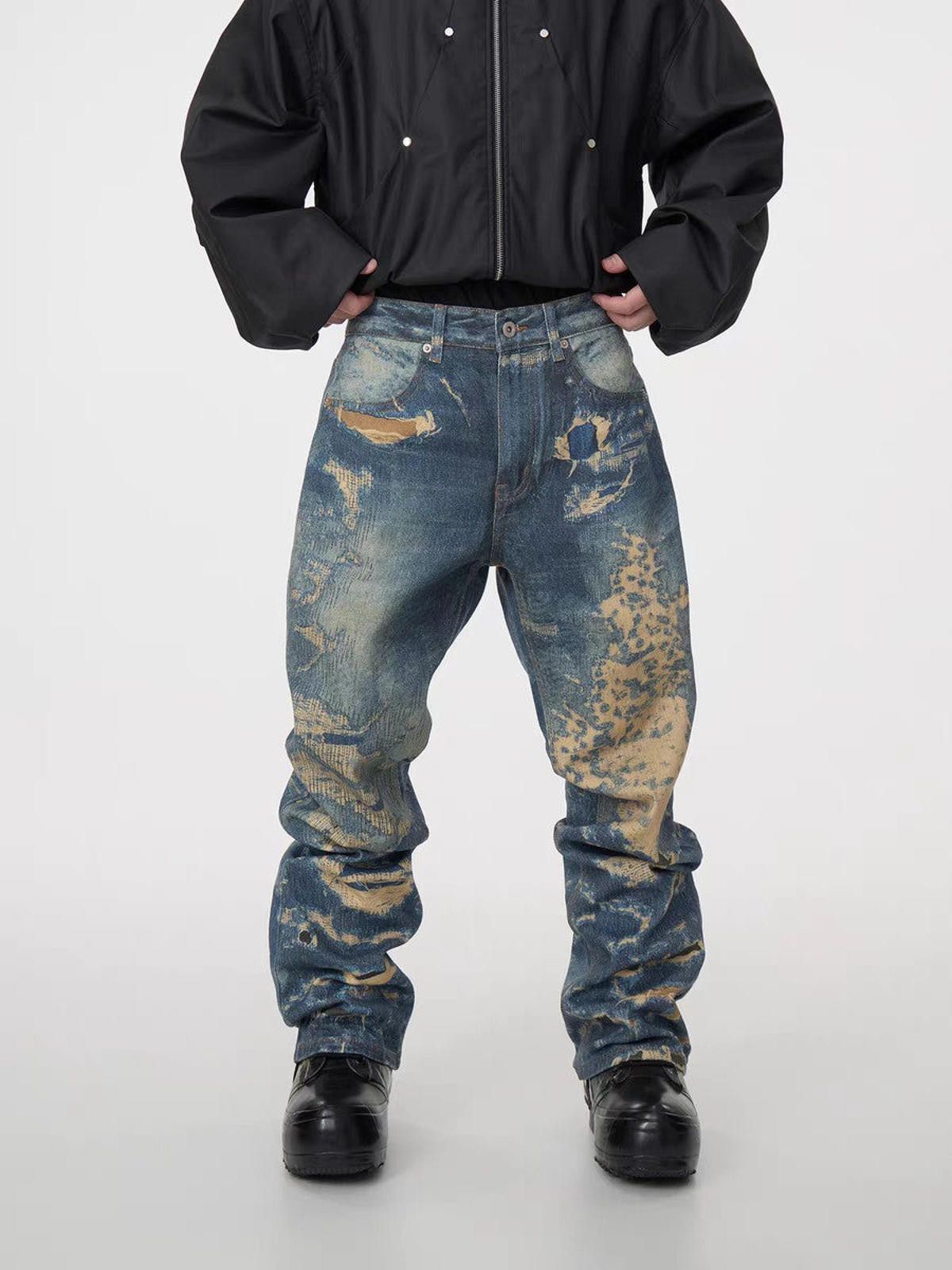 Designer 3D Digital Print Corroded Effect Jeans – Loose Straight Fit Size US 32 / EU 48 - 2 Thumbnail