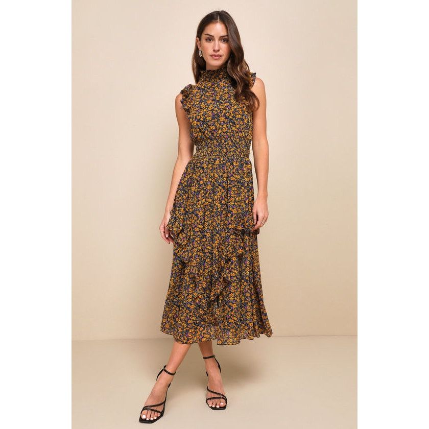 Other Lulus Evalina Mustard Floral Print Mock Neck Midi Dress Size S / US 4 / IT 40 - 3 Thumbnail